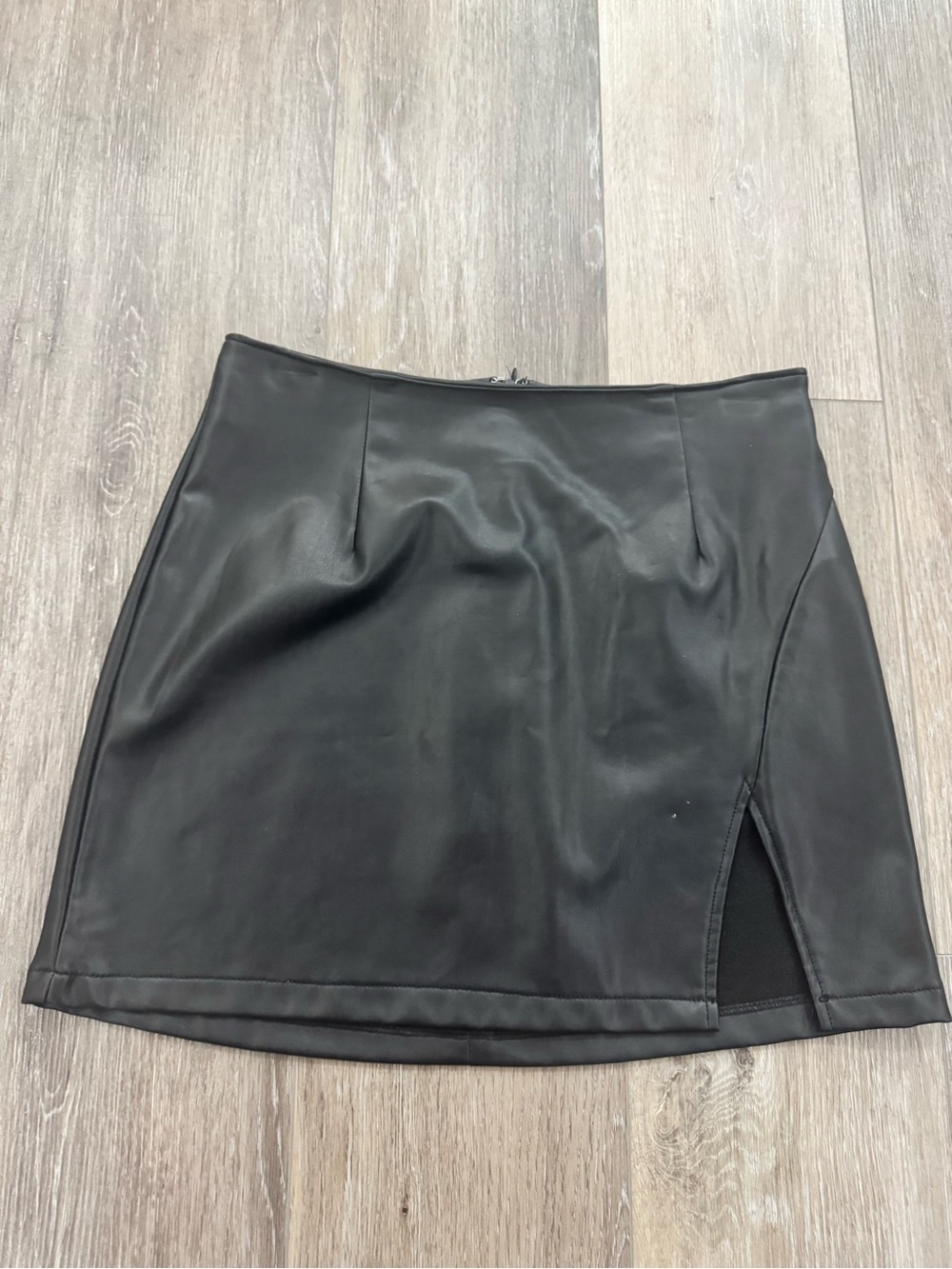 Rewash Black Faux Leather Mini Skirt with Front Slit